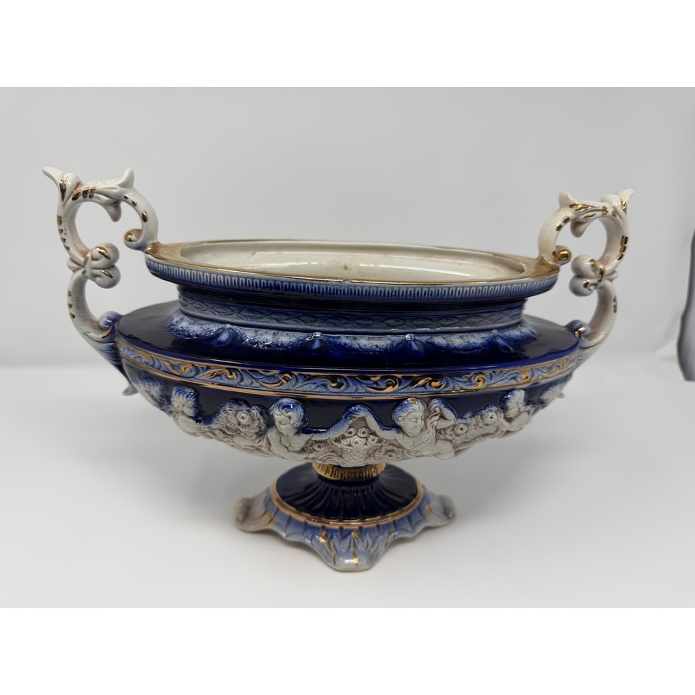 VTG Italian Capodimonte Centerpiece Bowl Cobalt Blue Cherubs Footed Urn Planter